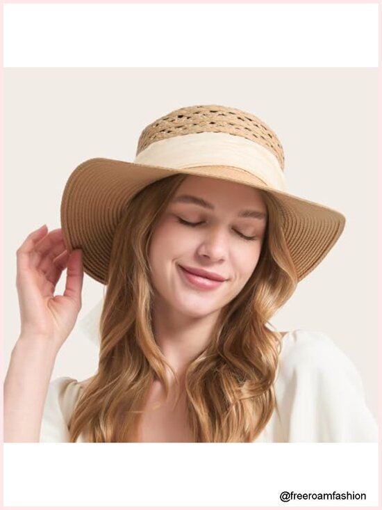 Straw Sun Hat Wide Brim Adjustable Boho Boater for Summer Beach main image 6